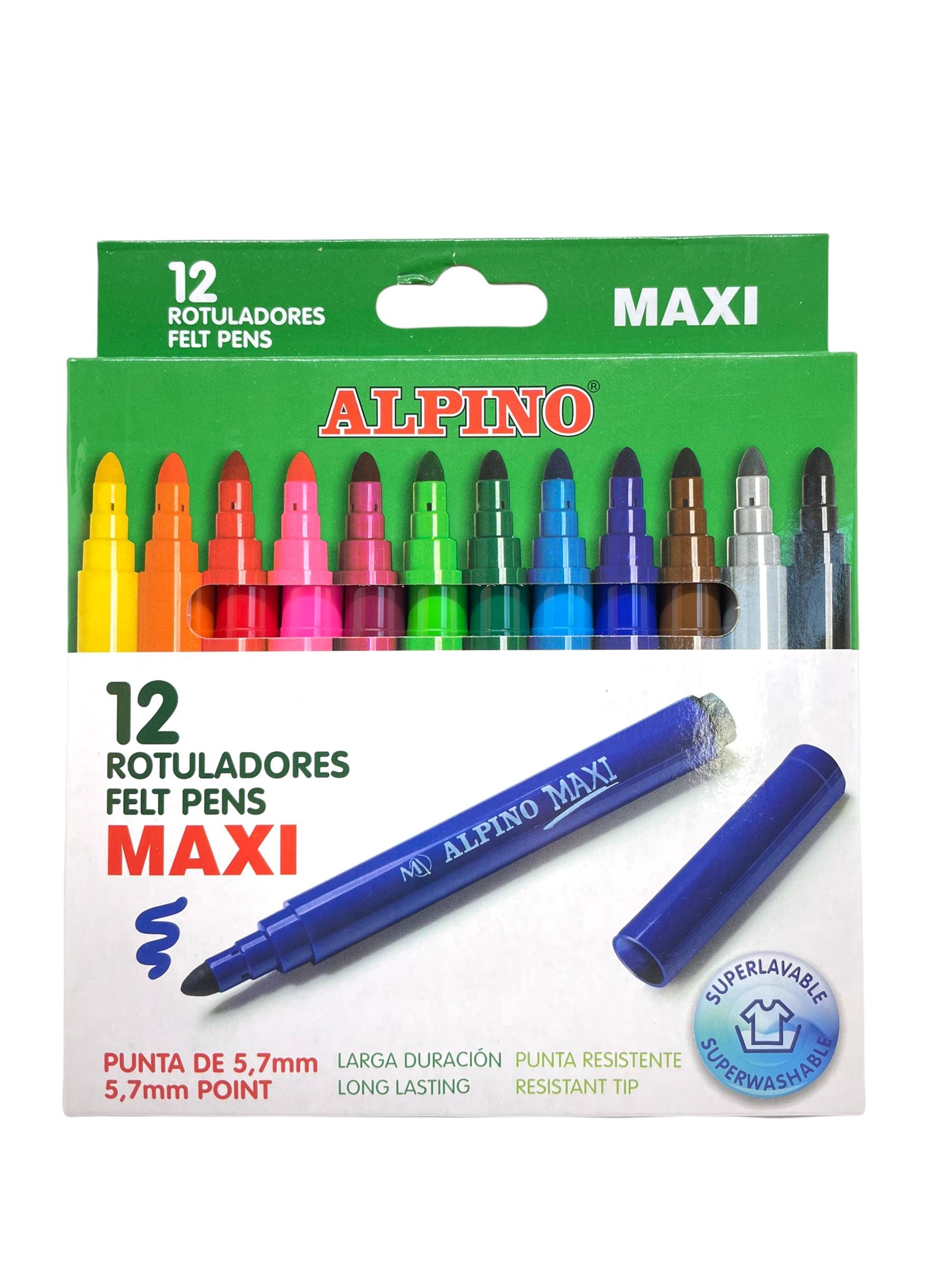 CAJA CON 12 ROTULADORES ALPINO MAXI, PUNTA DE 5,7MM LAVABLE
